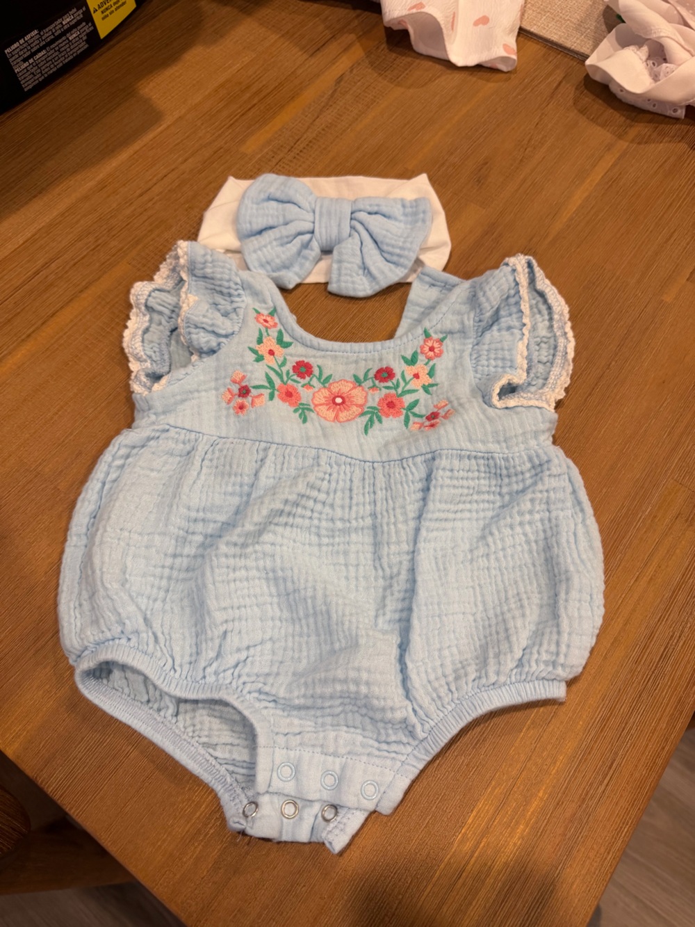 Baby Essentials Light Blue Floral Embroidered Diaper Cover with Headband